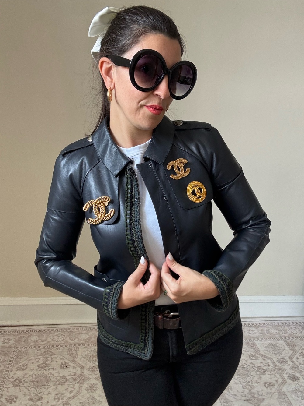 Chanel 2012 navy lambskin leather jacket size 34 fits 0-2
